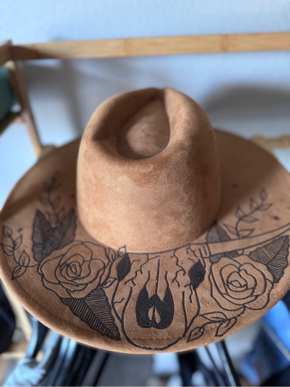 Suede Wide-Brim Tan Women's Hat with Floral Skull Design